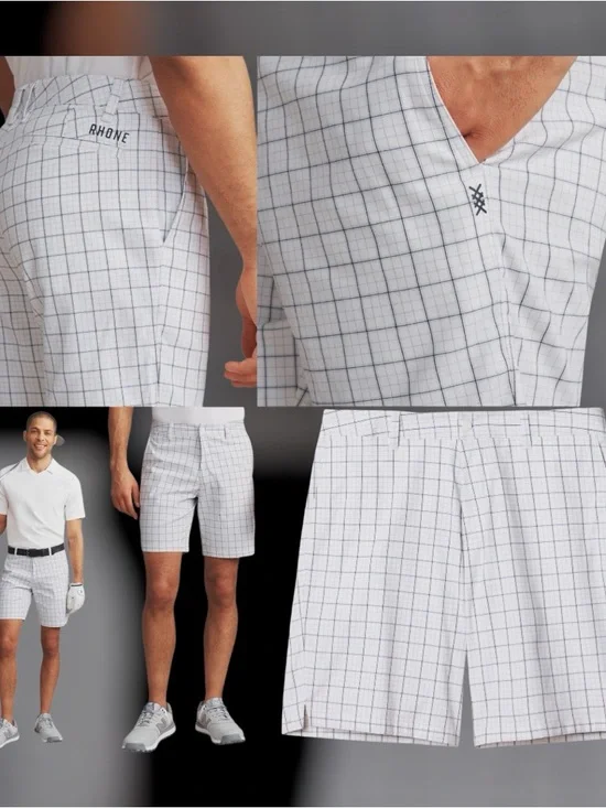 RHONE Men's 9" Dune Golf Shorts 34 waist Navy Windowpane Check Performance NWT - Picture 1 of 8